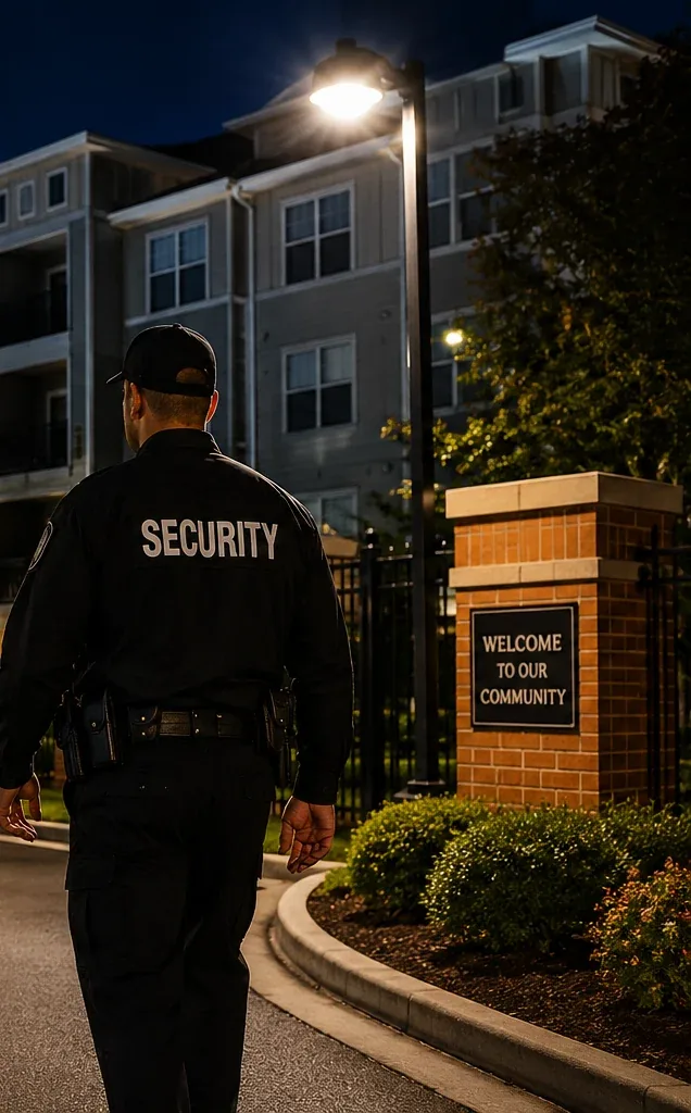 Security officer at an apartment community entrance at night