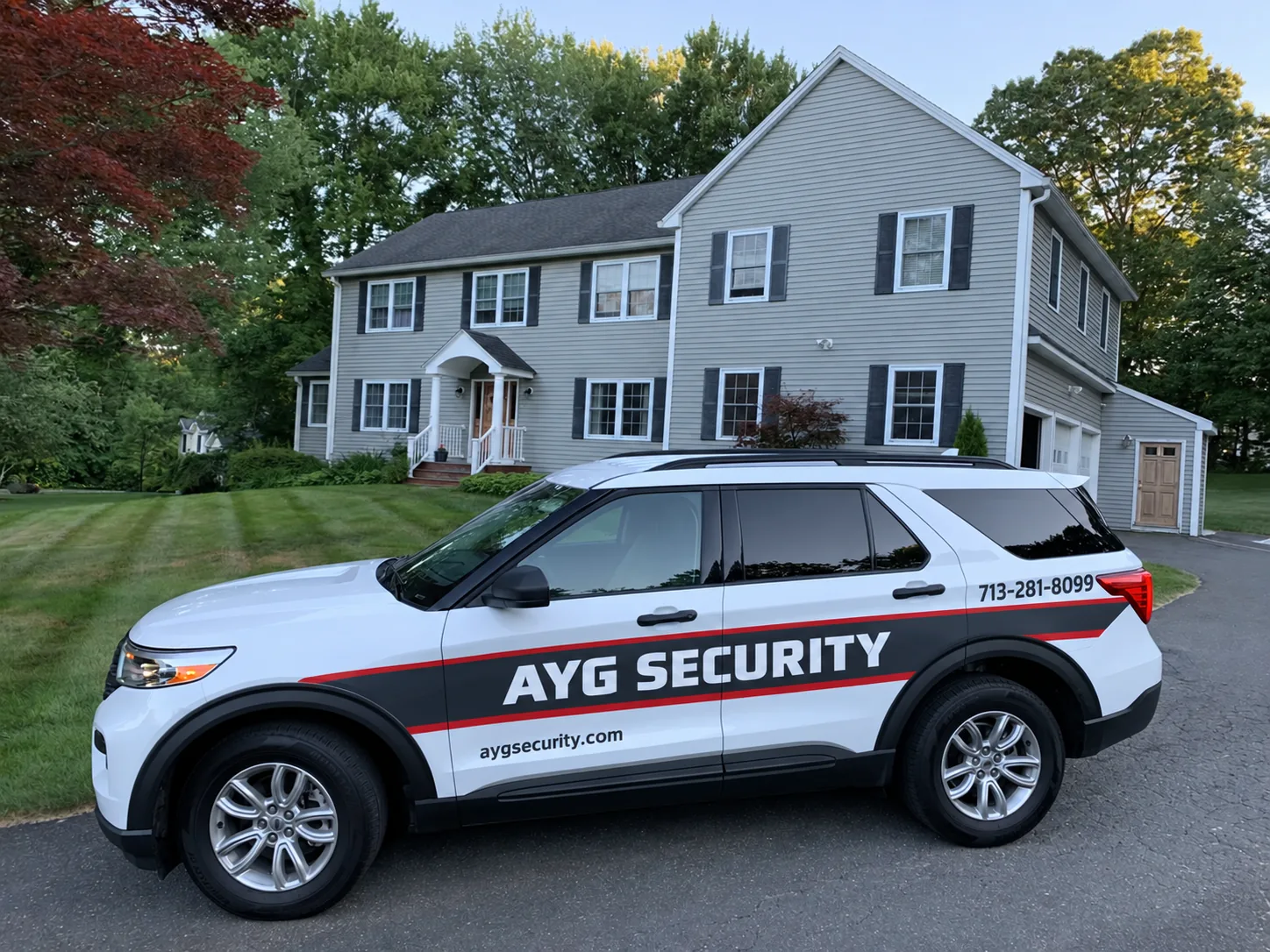 AYG Security patrol vehicle parked in front of a home