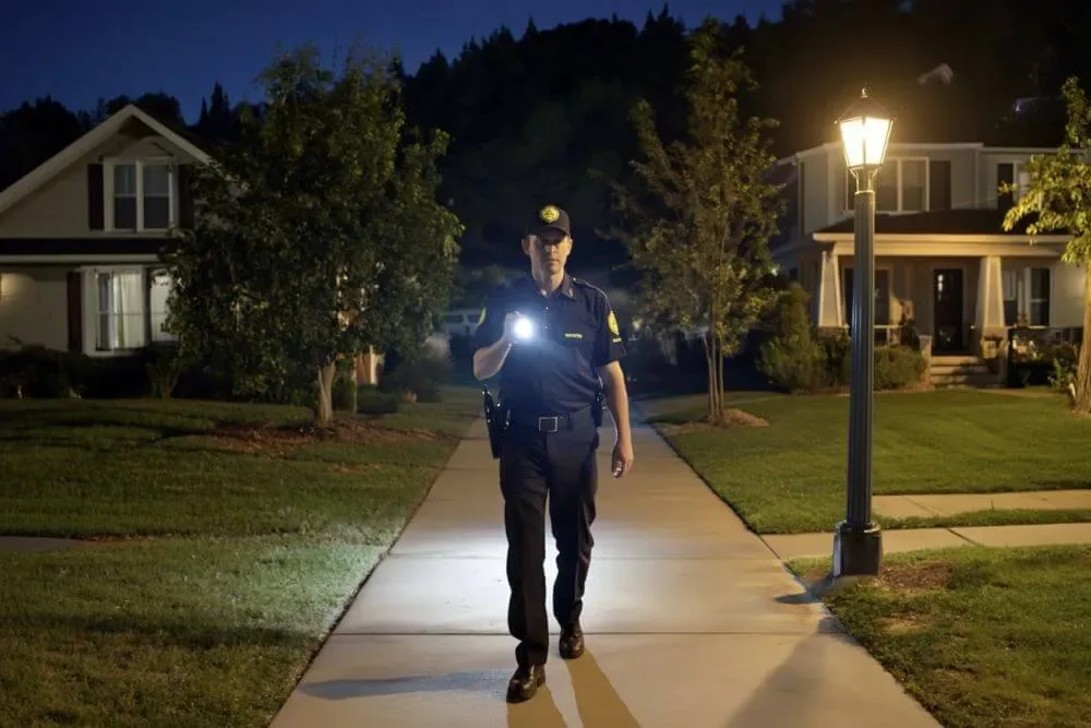 Security officer on night foot patrol in a residential neighborhood